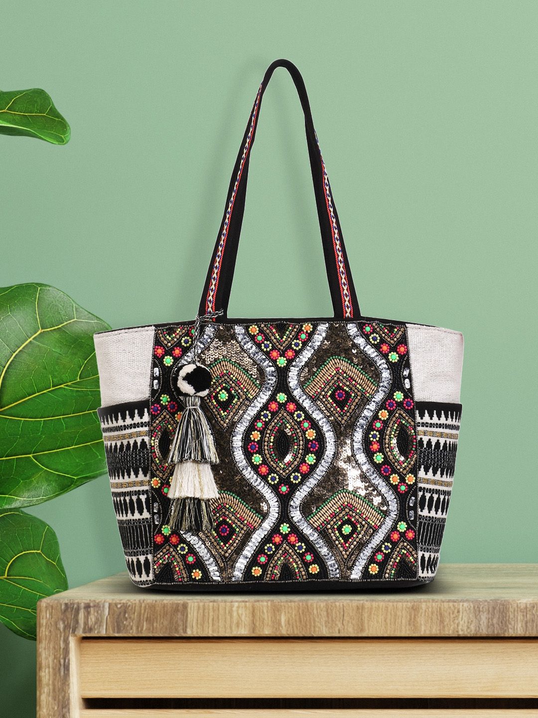 Anekaant Boho Ethnic Motifs Embellished Tasselled Oversized Shopper Tote Bag