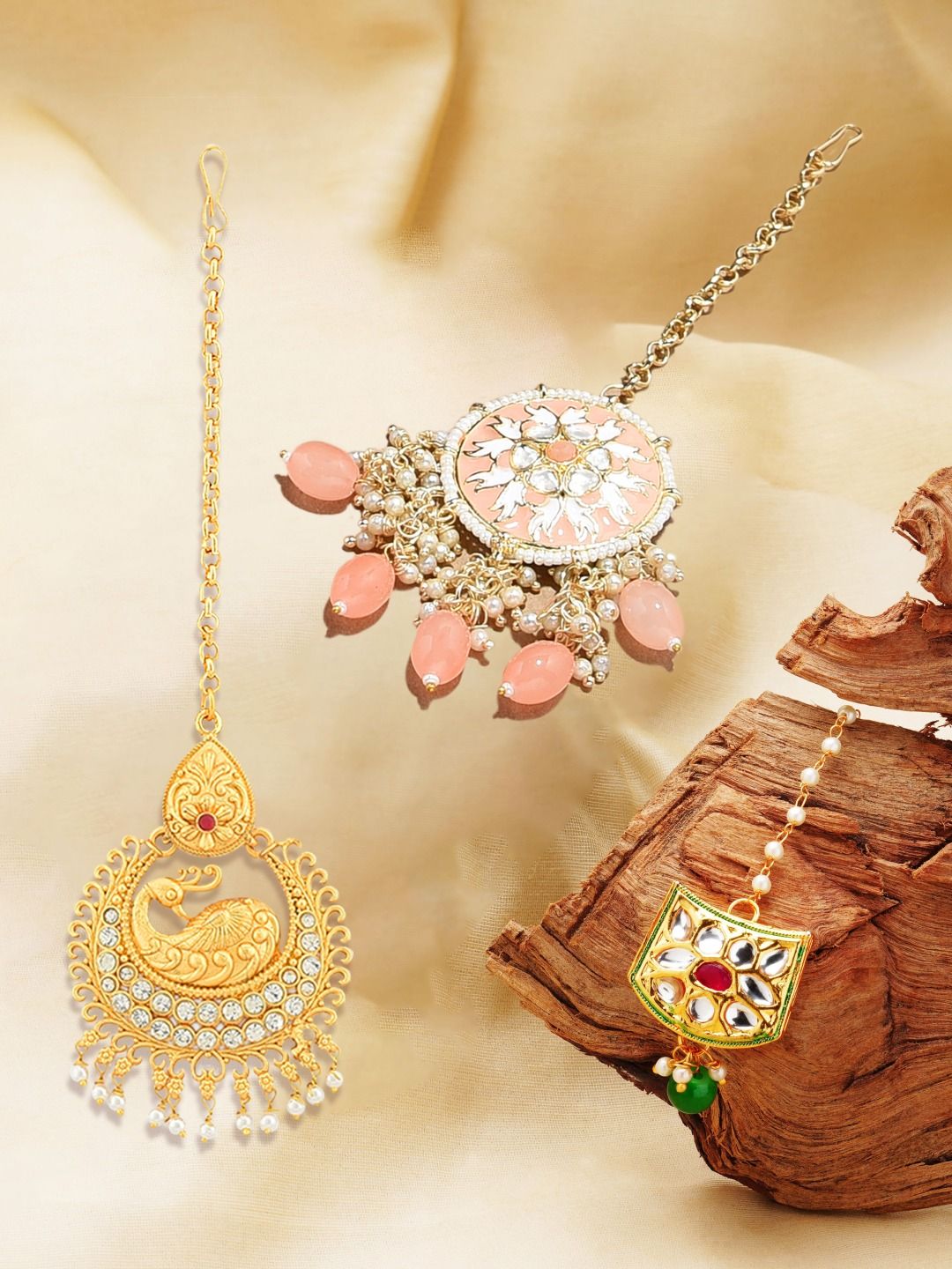 Zaveri Pearls Set Of 3 Gold-Plated Kundan-Studded & Beaded Maang Tikkas