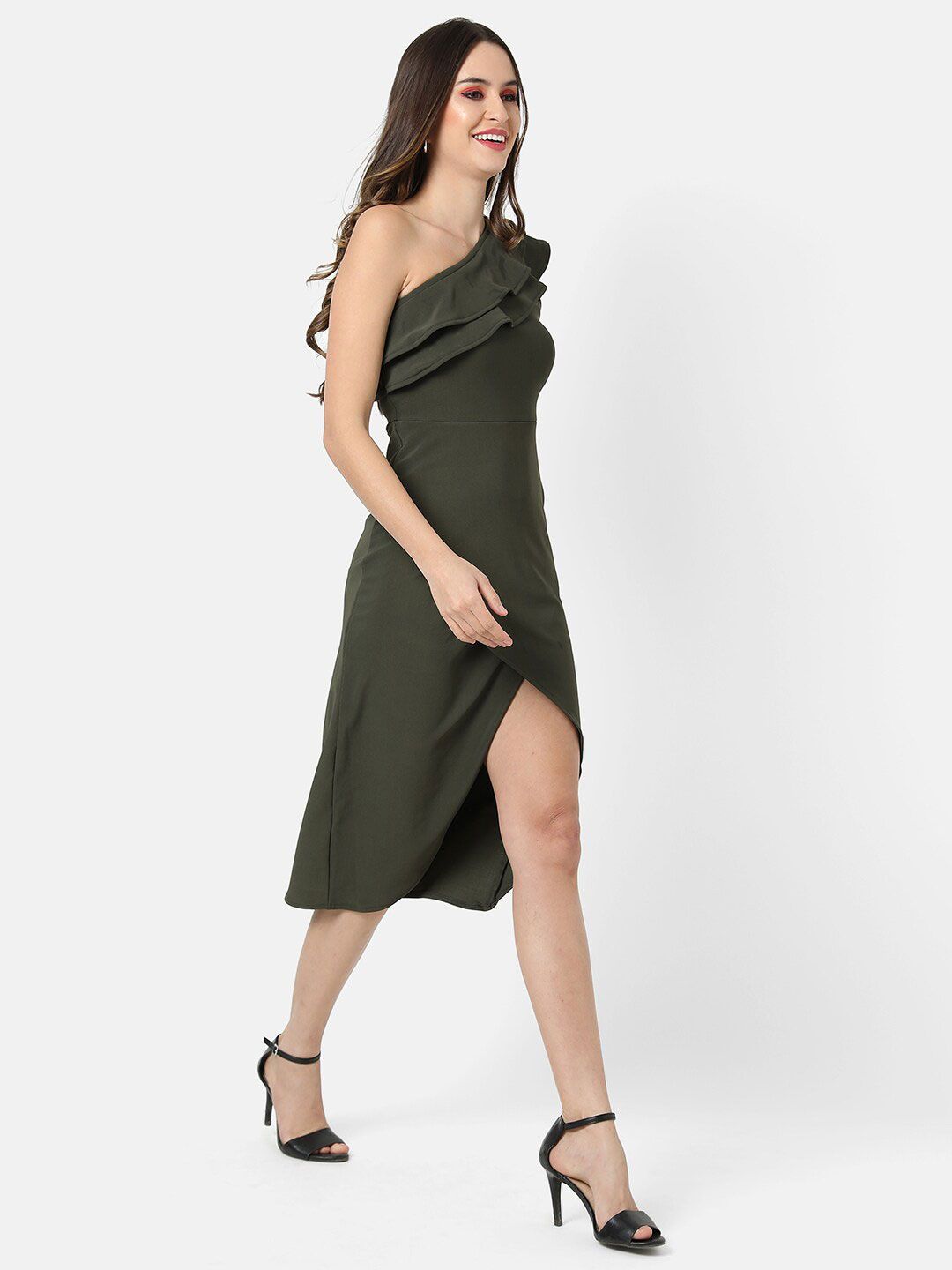 PINACOLADA Olive Green One Shoulder Crepe Midi Dress