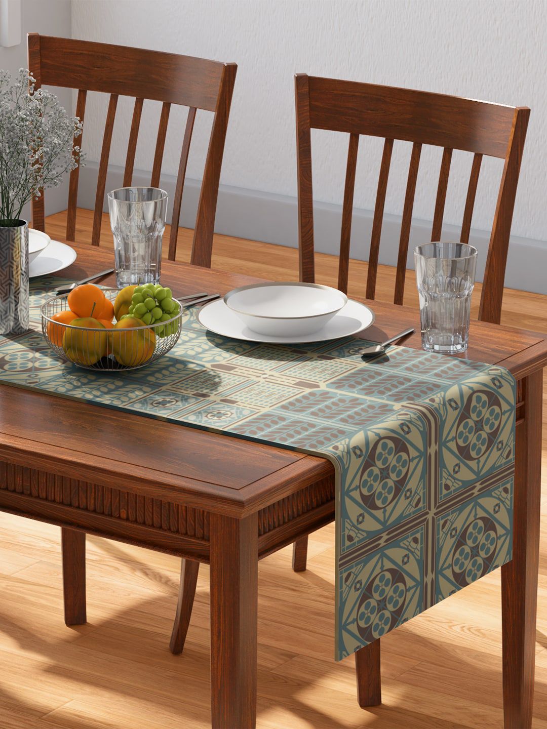 PETAL HOME Blue Strasbourg Printed Pure Cotton Table Runner