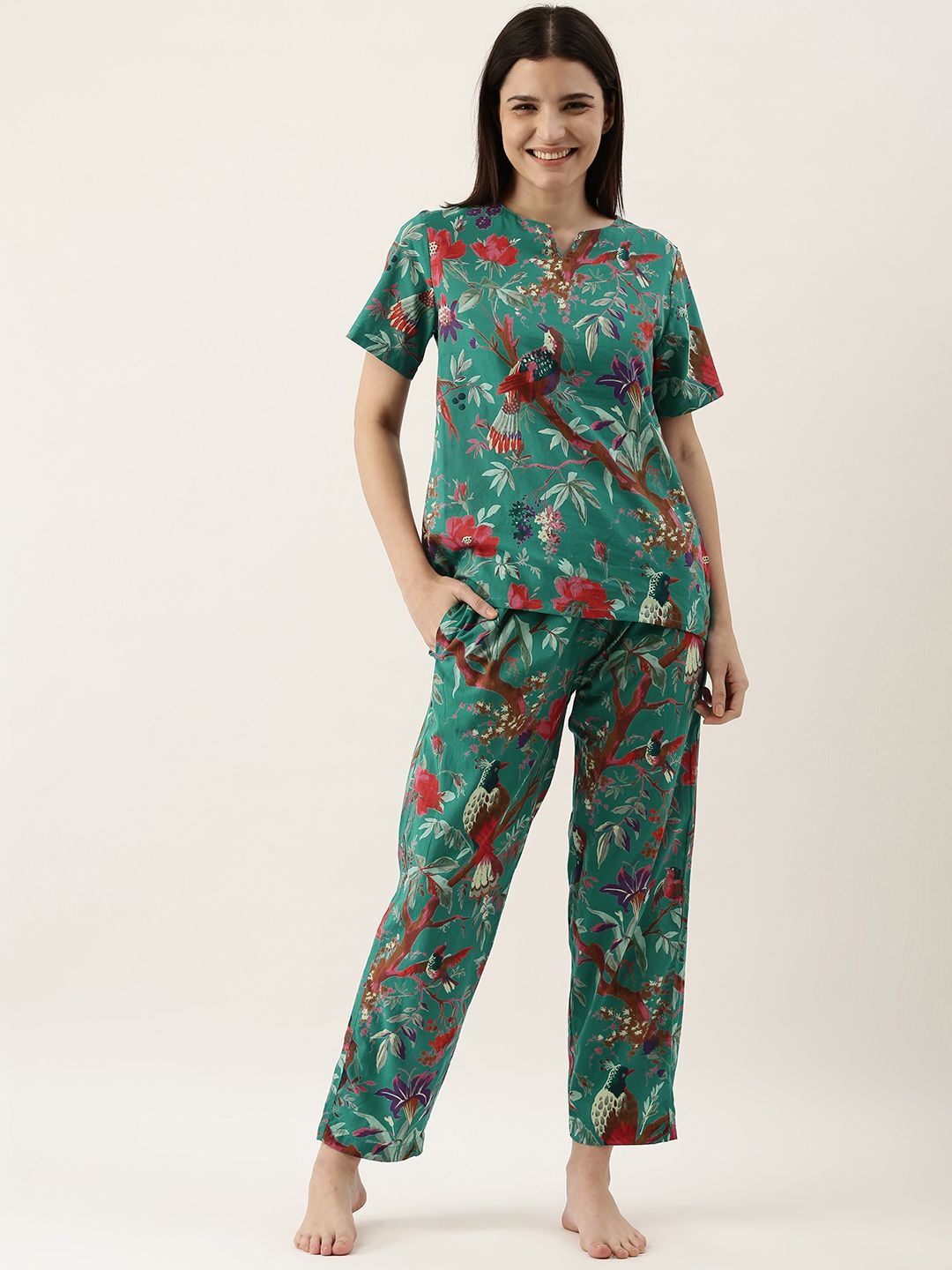 SANSKRUTIHOMES Women Green Pure Cotton Floral Print Pyjama Set Night Suit