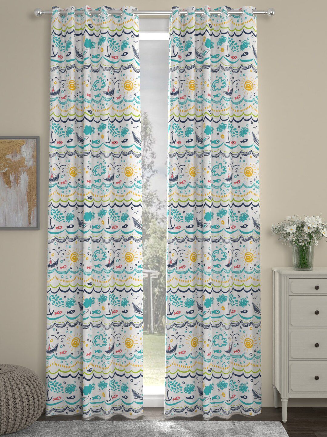 Buy ROSARA HOME Blue Set Of 2 Geometric Regular Door Curtains -  - Home for Unisex