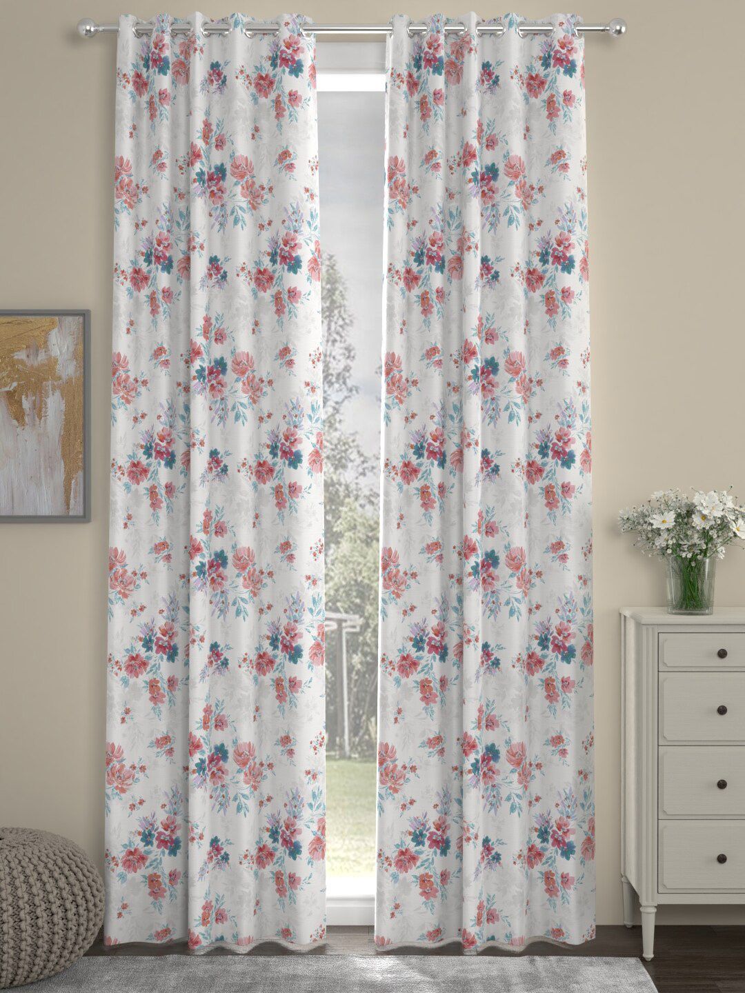 ROSARA HOME Red Set of 2 Floral Regular Long Door Curtains