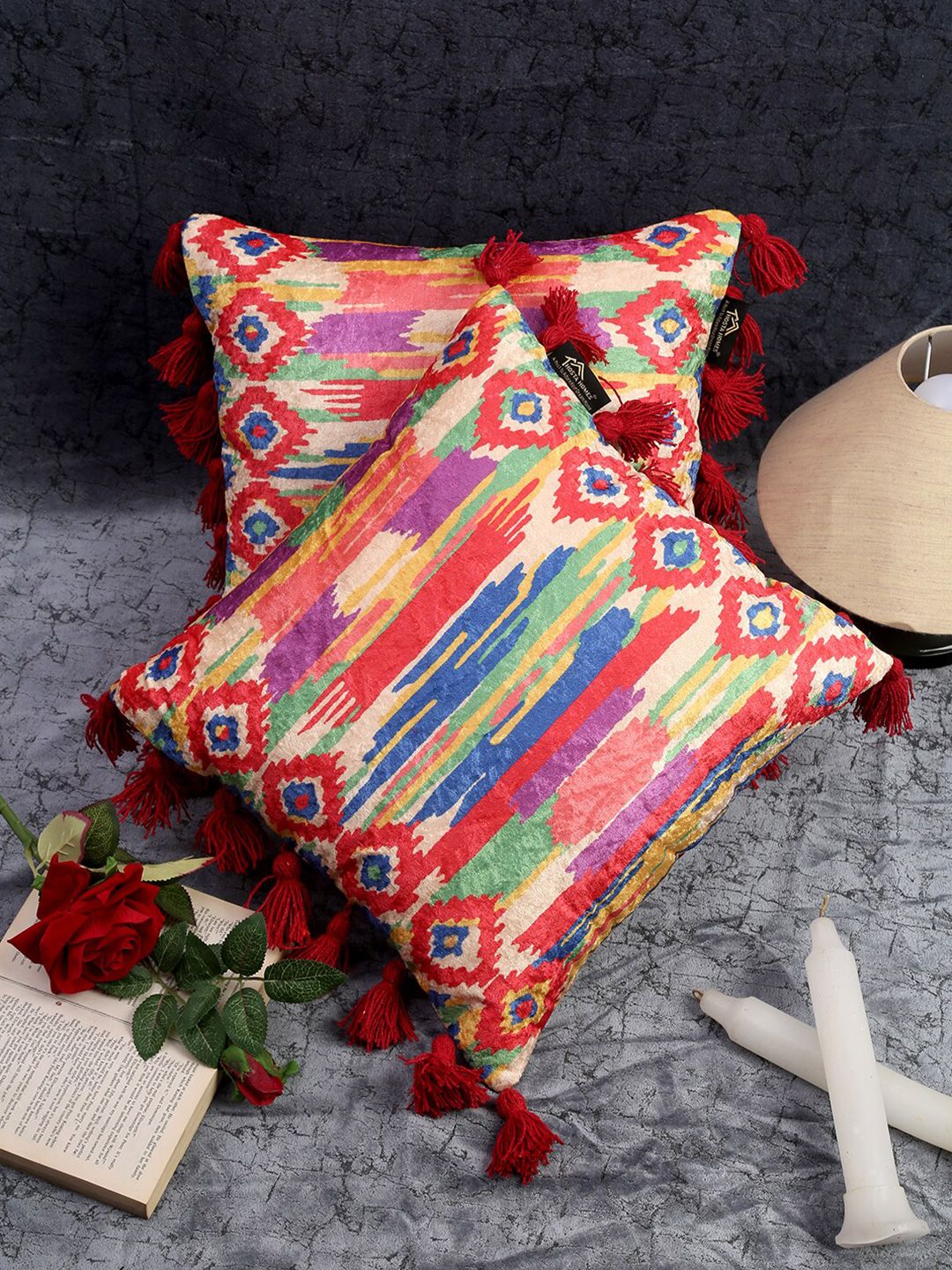 Buy HOSTA HOMES Red & Cream Coloured Geometric Velvet Square Cushion Covers  Set Of 2 -  - Home for Unisex