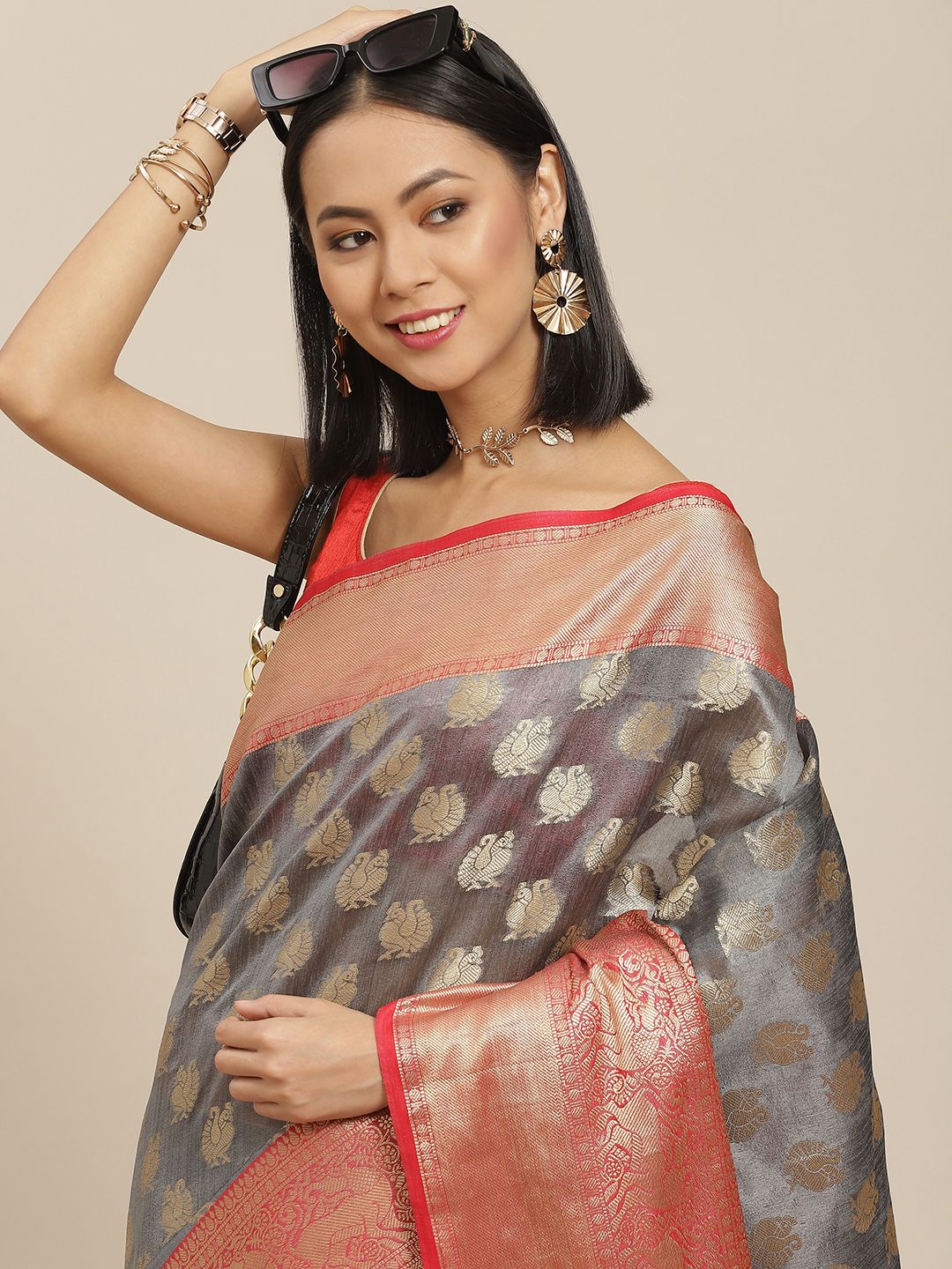 Silk Land Grey & Red Woven Design Zari Kanjeevaram Saree