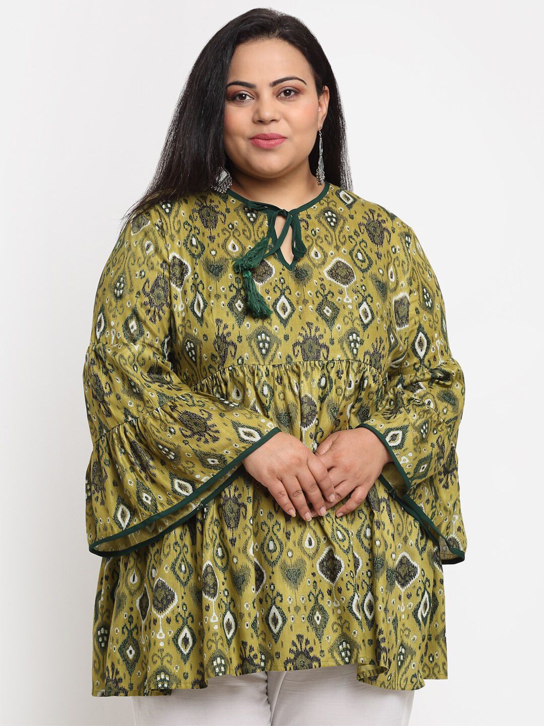 sindrellastorie Plus Size Green & White Ikat Tie-Up Neck Pure Cotton Top