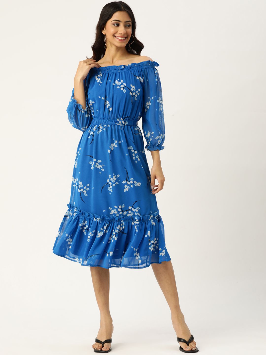 Deewa Blue & White Floral Off-Shoulder Georgette A-Line Dress