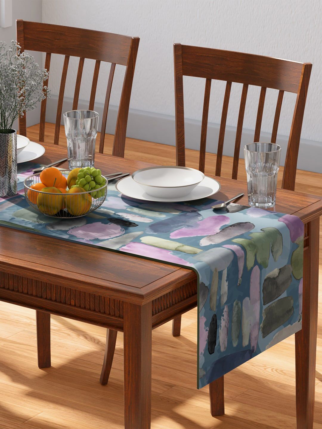 PETAL HOME Blue Abstract Printed Pure Cotton Table Runner