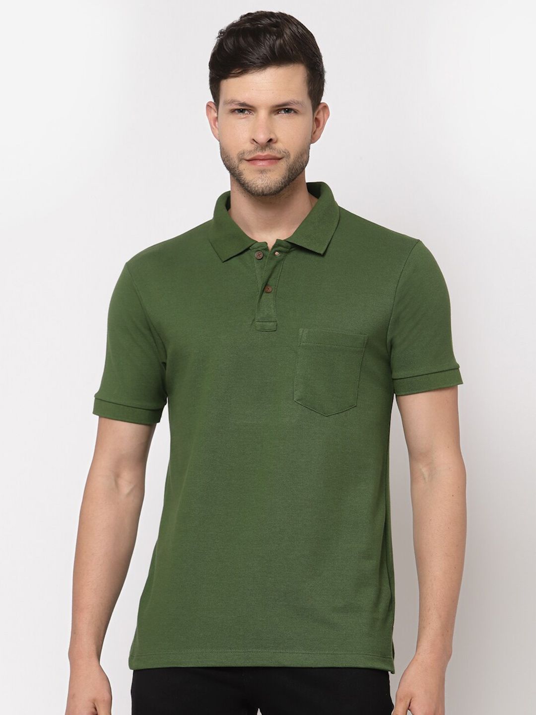 Kalt Men Green Solid Polo Collar Cotton T-shirt