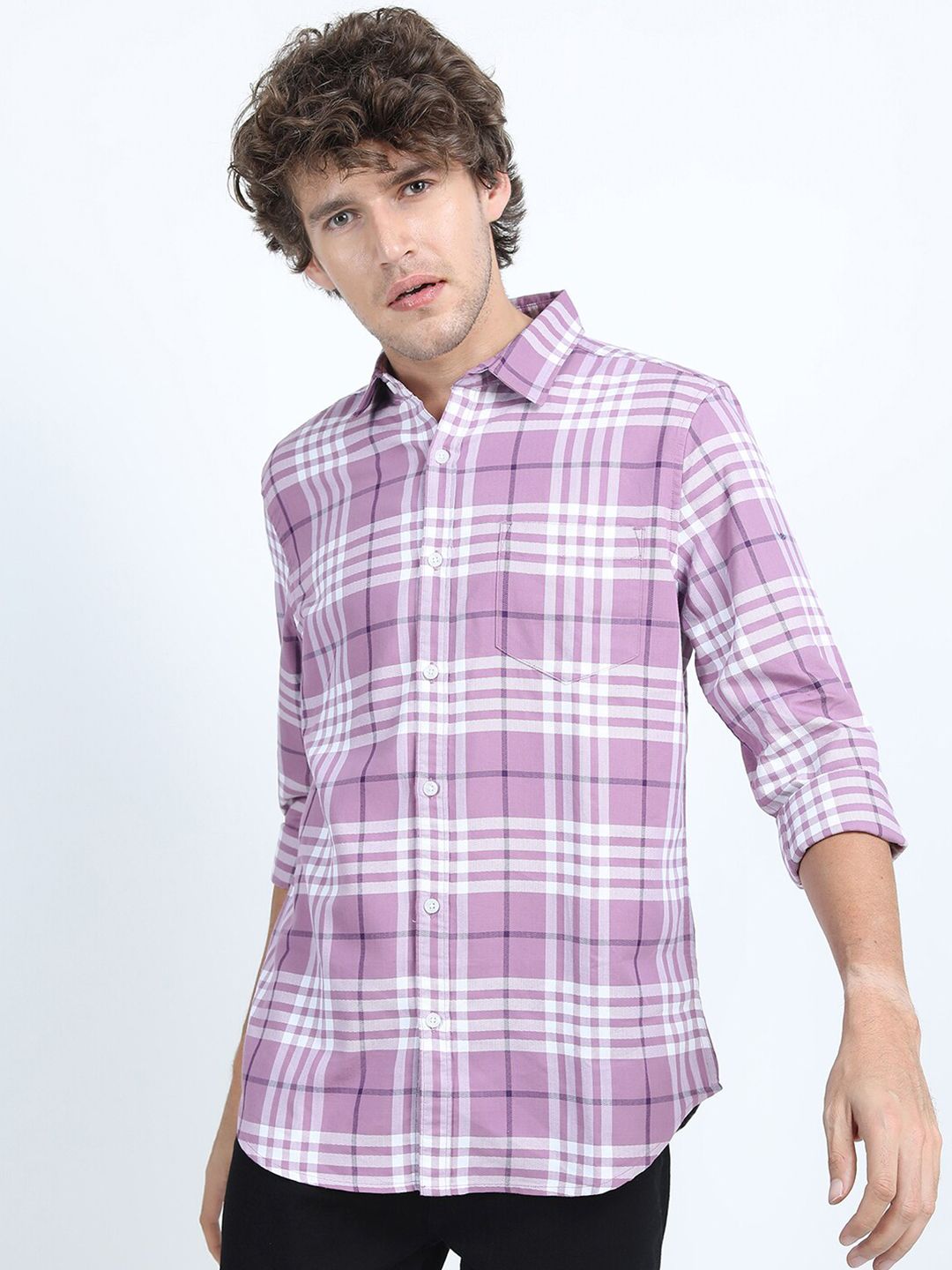 HIGHLANDER Men Lavender Slim Fit Tartan Checks Checked Casual Shirt