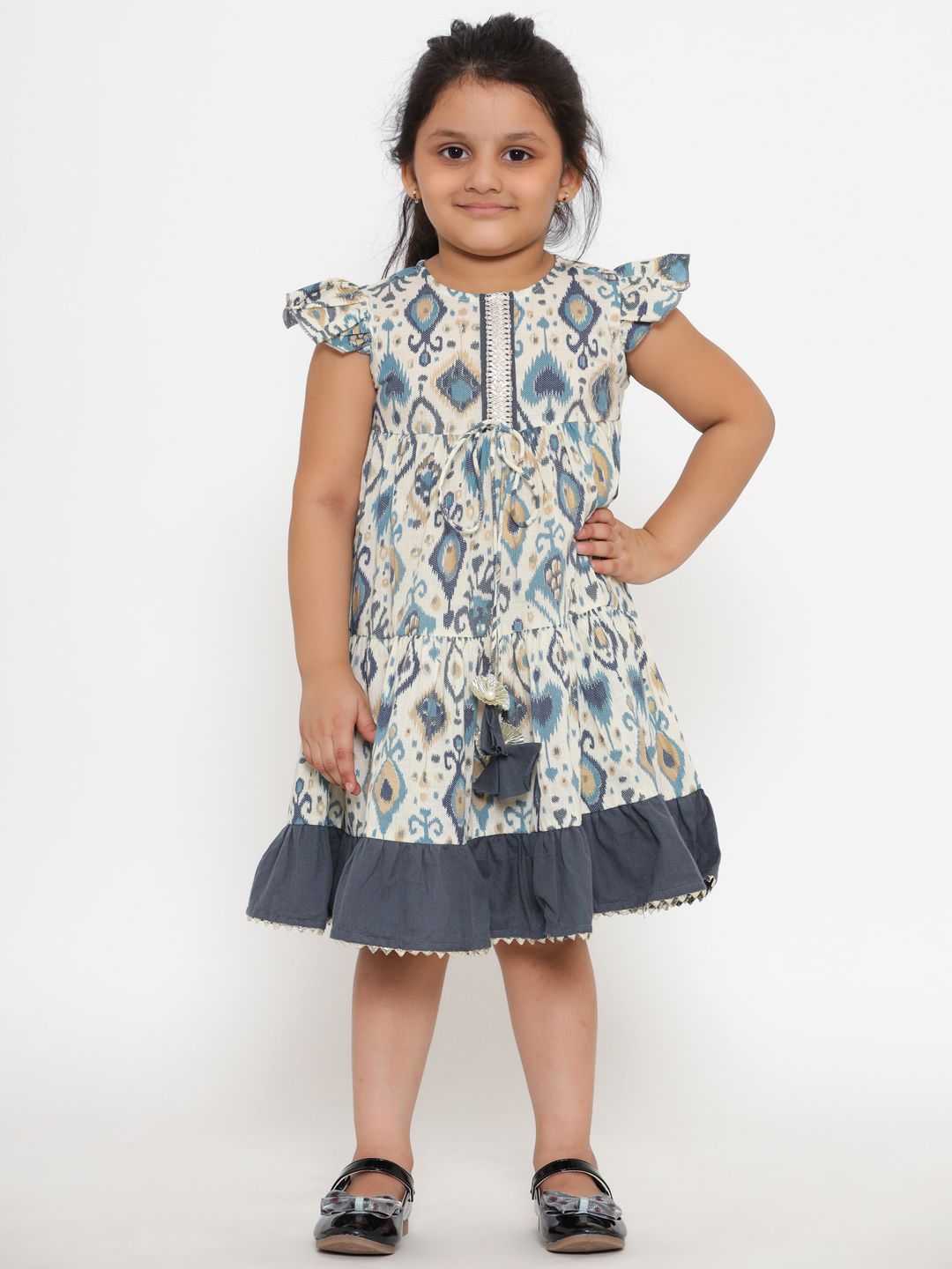 Readiprint Girls Off White & Grey Pure Cotton A-Line Ethnic Dress