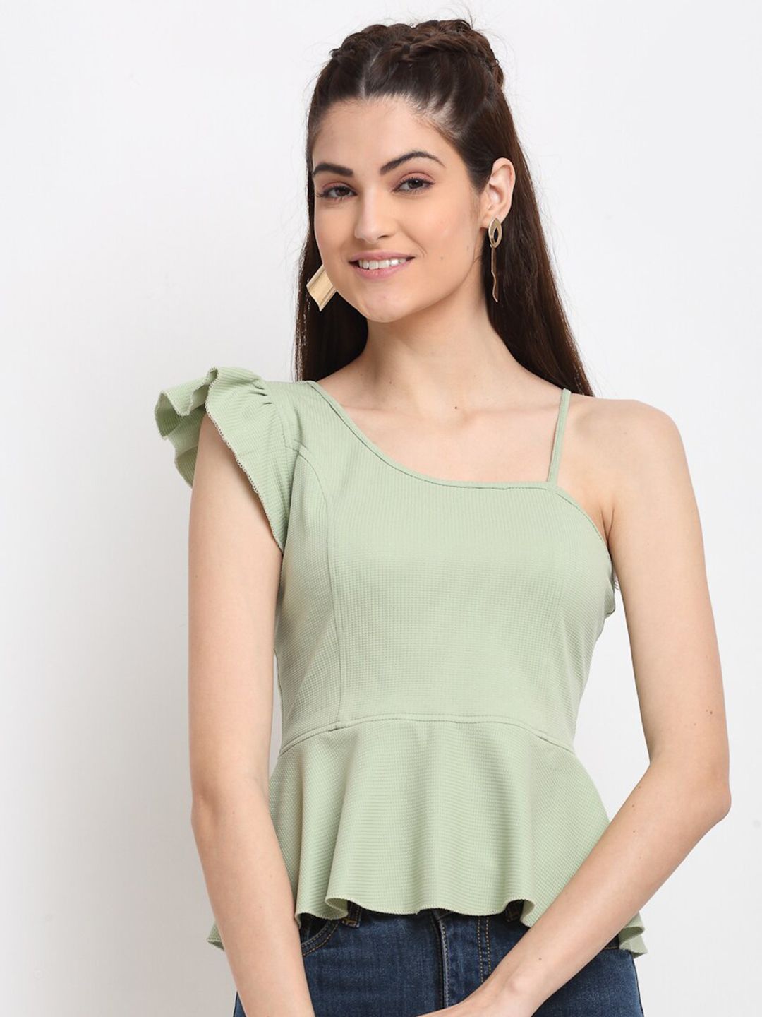 ELEVANTO Women Green One Shoulder Ruffles Peplum Top