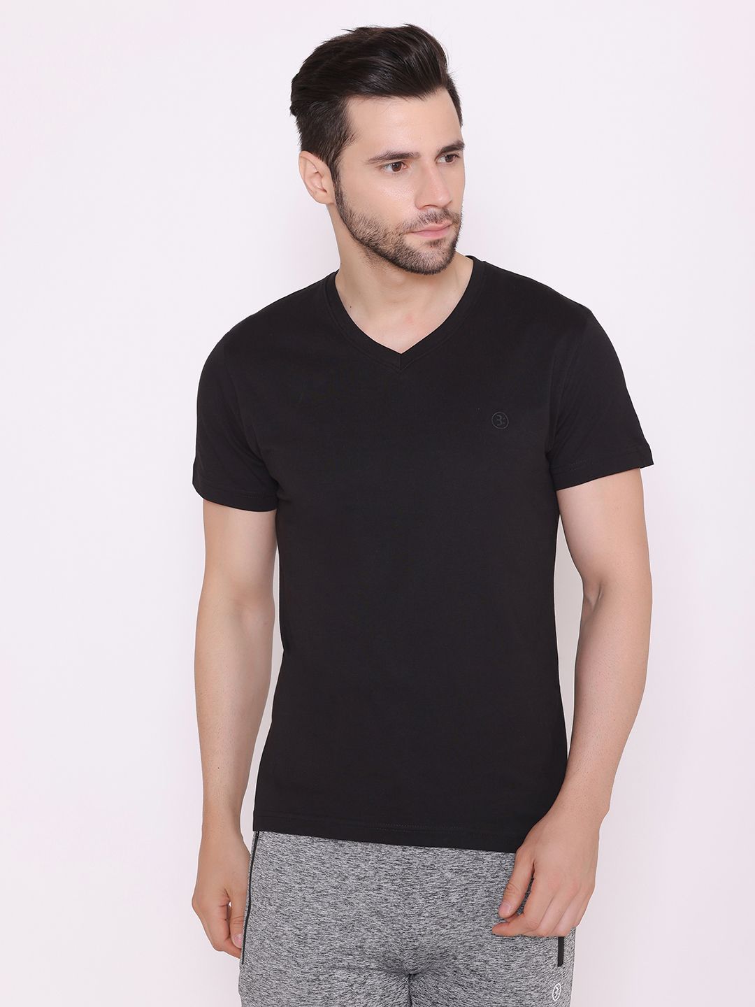BODYACTIVE Men Black V-Neck  T-shirt