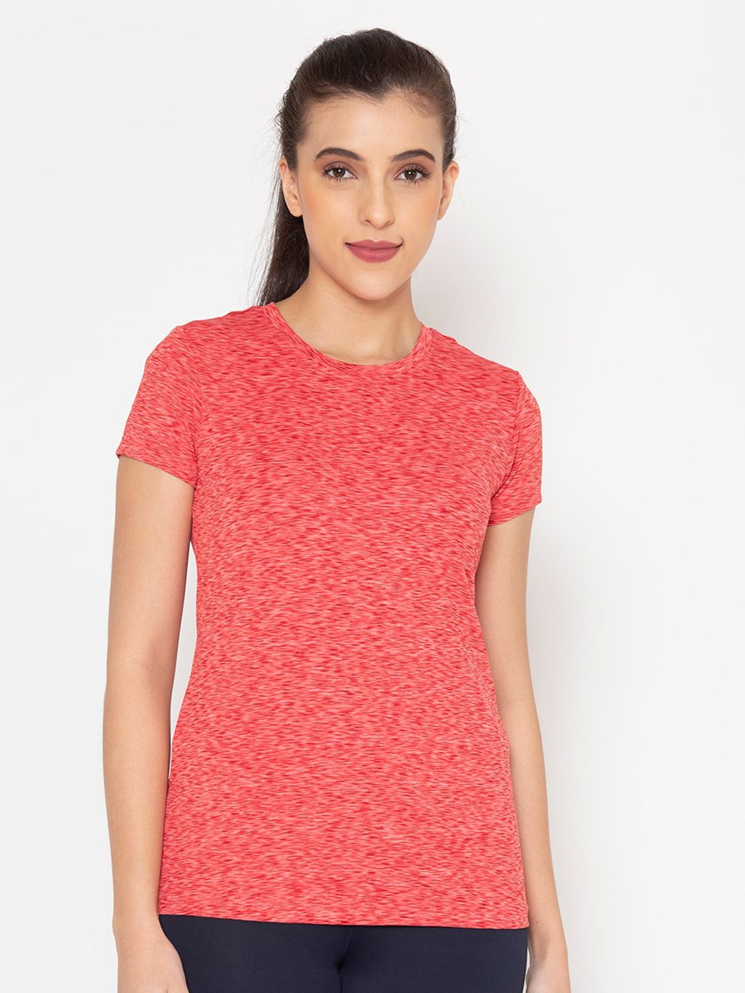 BODYACTIVE Women Pink Self Design Printed T-shirt