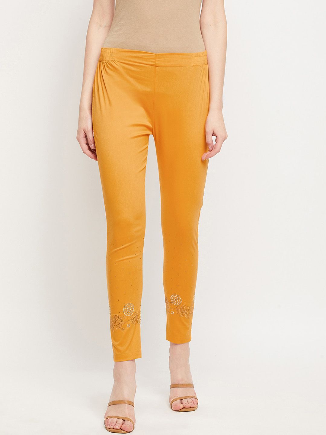 Clora Creation Women Mustard Yellow Floral Embellished Smart Easy Wash Trousers