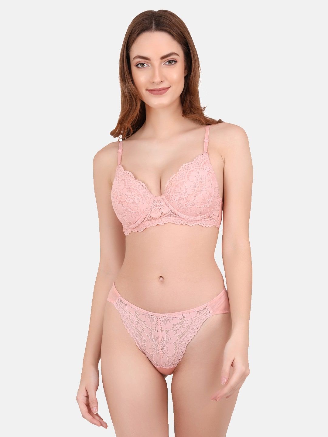 CURWISH Peach Lace Padded Underwired Bra & Mid-Rise Bikini Panty Lingerie Set