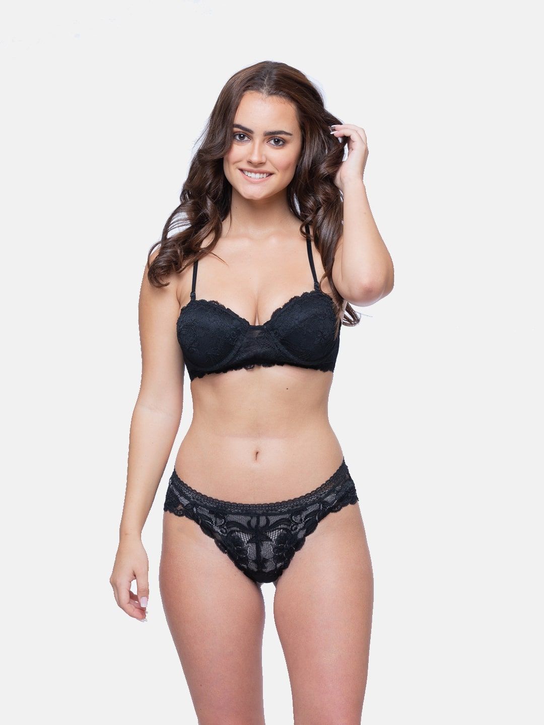 CURWISH Black Lace Strapless Padded Underwired Bra & Mid-Rise Bikini Panty Set