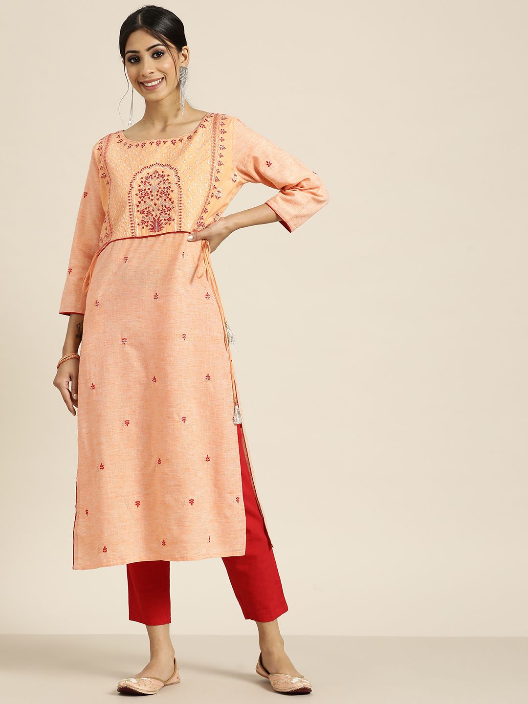 Sangria Peach-Coloured Floral Yoke Design Pure Cotton Kurta