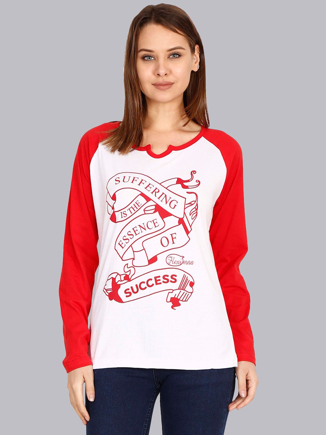 Fleximaa Women Red & White Typography Printed Raglan Sleeves Cotton T-shirt