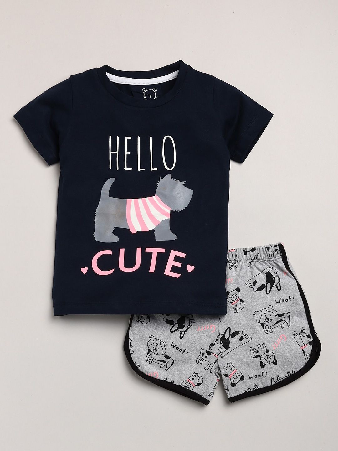 Lazy Shark Girls Navy Blue & Grey Graphic Printed Cotton Clothing Set