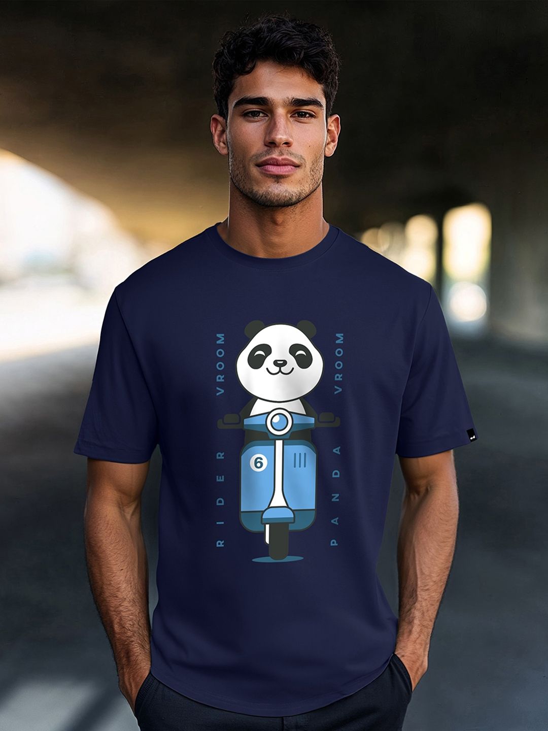 Bewakoof Rider Vroom Panda Graphic Cotton Round Neck Short Sleeves T-shirt
