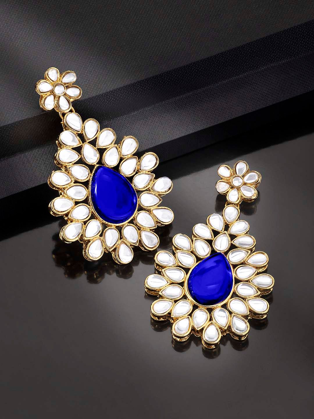 Peora Navy Blue Gold-Plated Kundan Studded Jadau Classic Drop Earrings