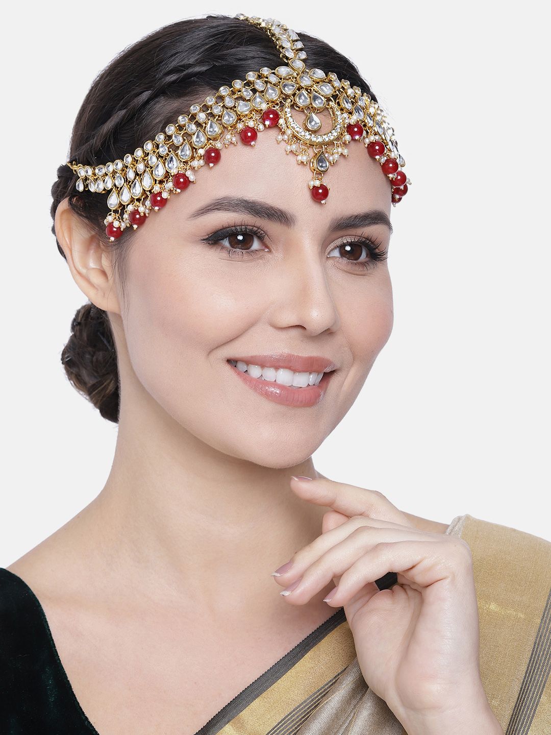 Peora Gold-Plated Maroon & White Kundan Matha Patti