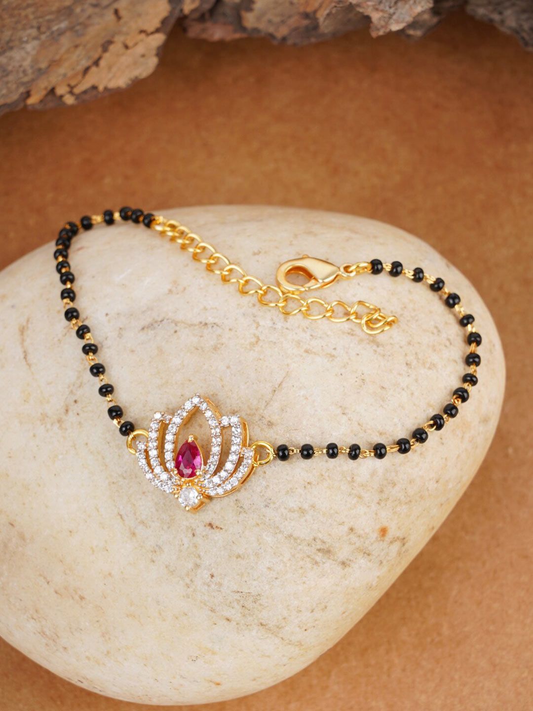 Shimmering Floret CZ Golden Brass Black Beaded Mangalsutra Bracelet