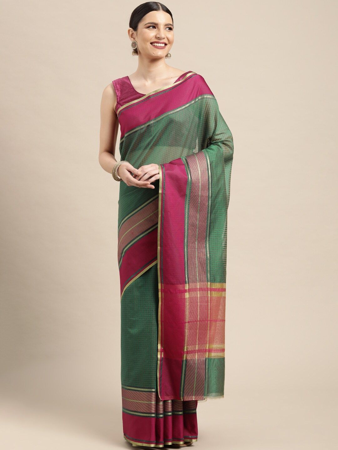 Leeza Store Green & Magenta Checked Zari Silk Blend Mangalagiri Saree