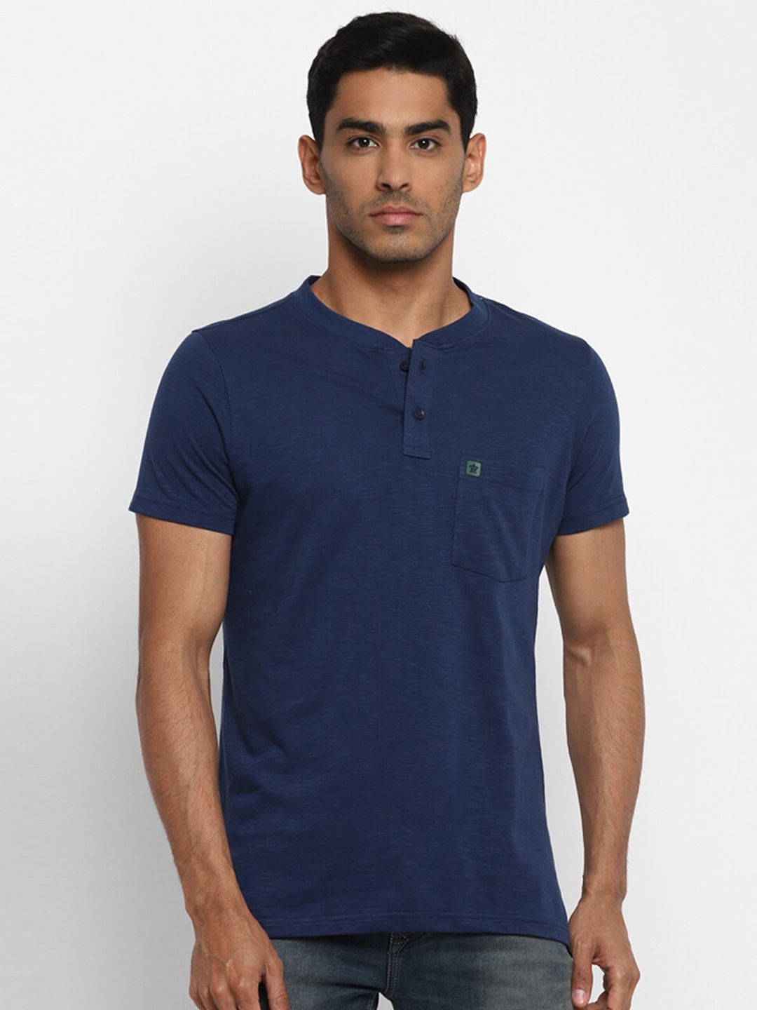 Turtle Men Navy Blue Henley Neck Pure Cotton Slim Fit T-shirt