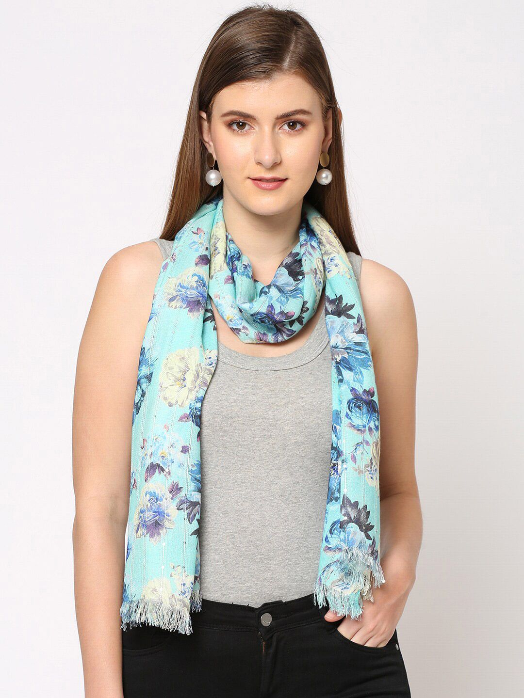 Cloth Haus India Women Sea Green Sequins Floral Printed Scarf