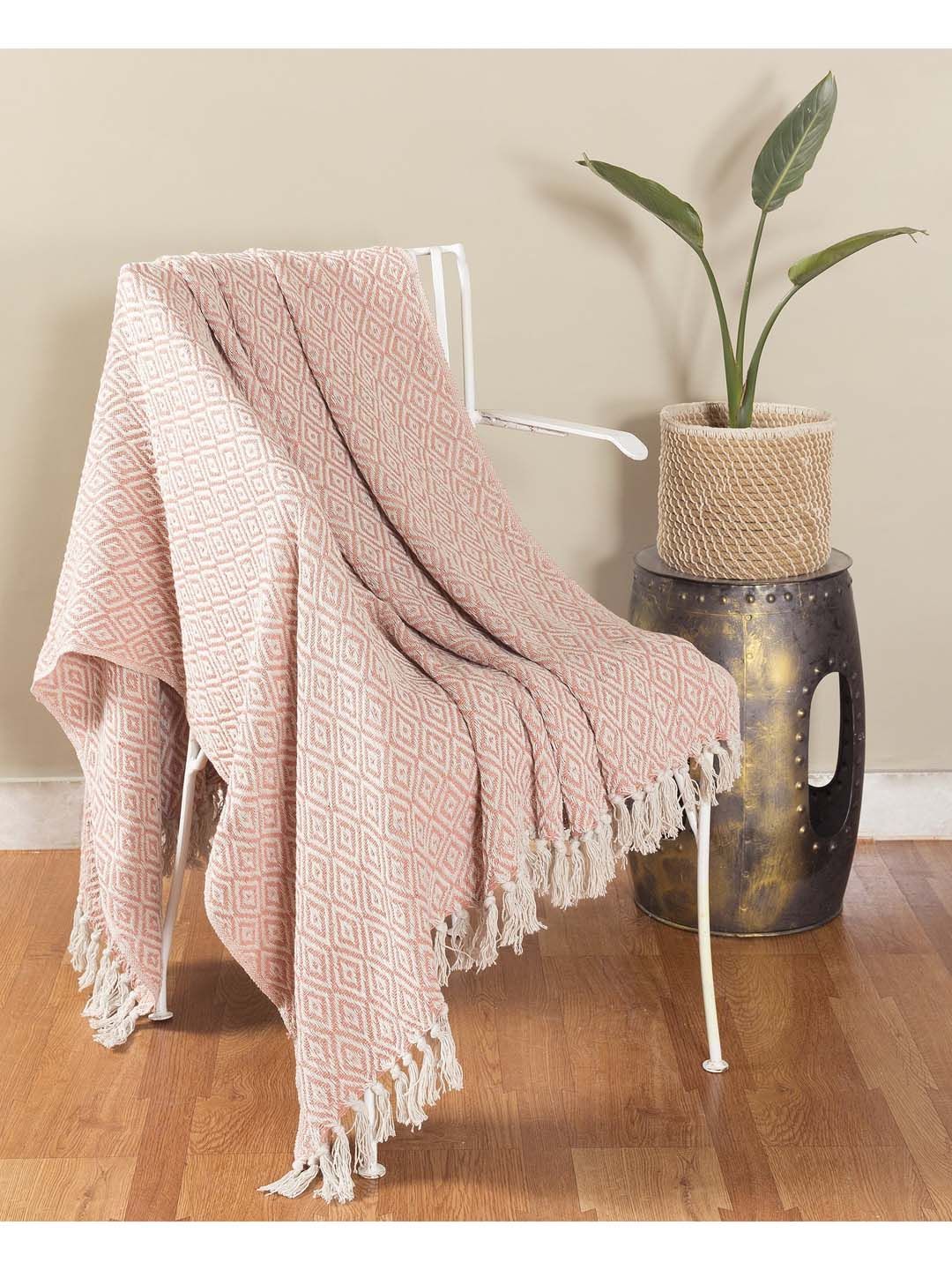 HANDICRAFT PALACE Pink & White Self-Design Cotton Knitted Throw Blanket