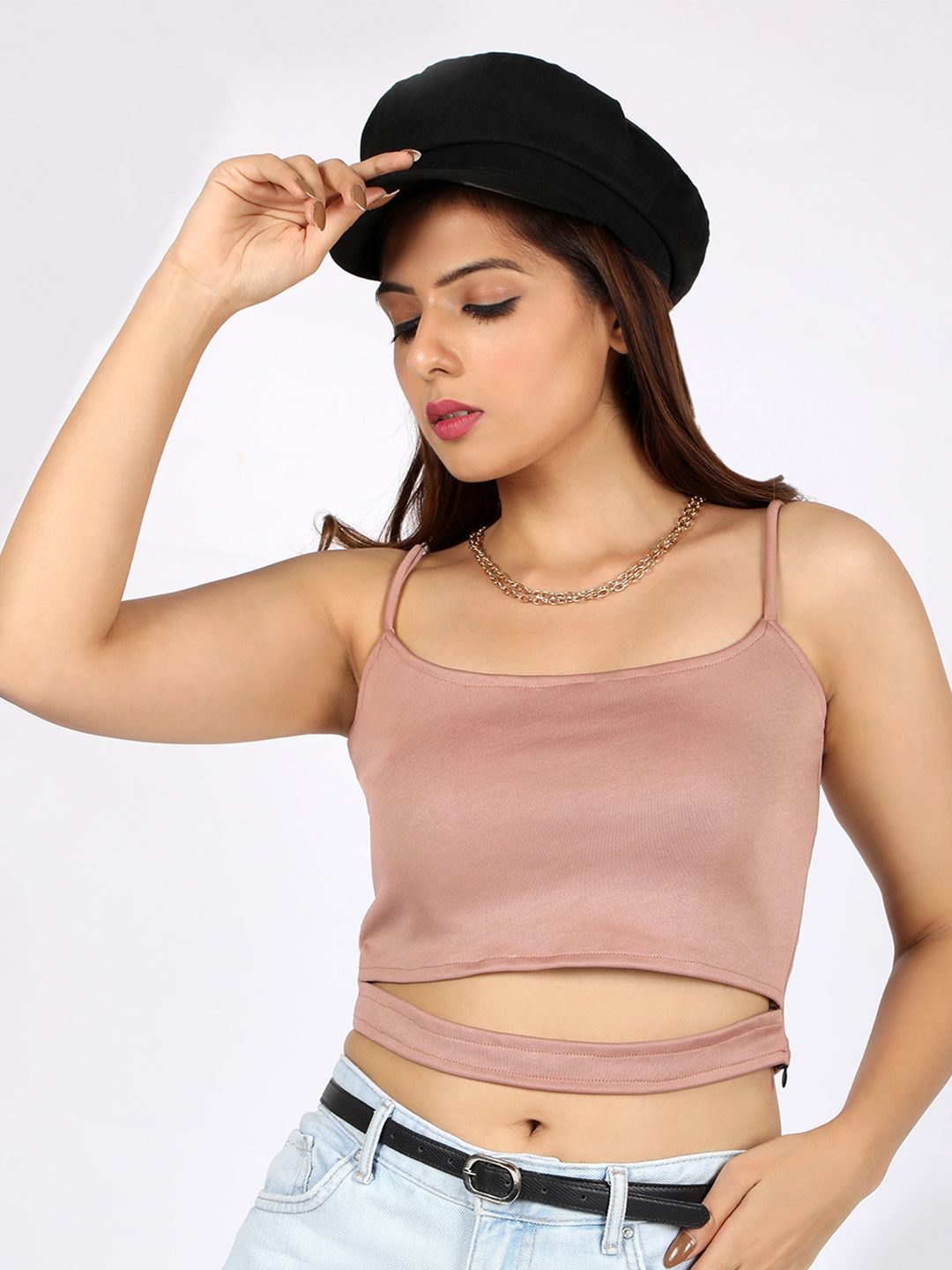 CHIMPAAANZEE Women Pink Cutout Waist Crop Top
