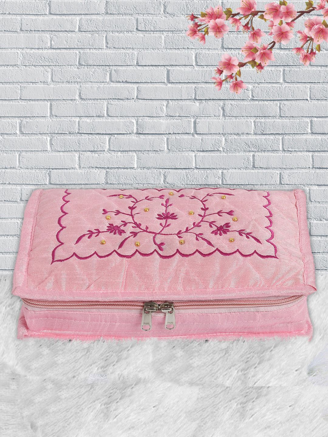 Kuber Industries Set Of 4 Pink  Embroidered Jewellery Organisers