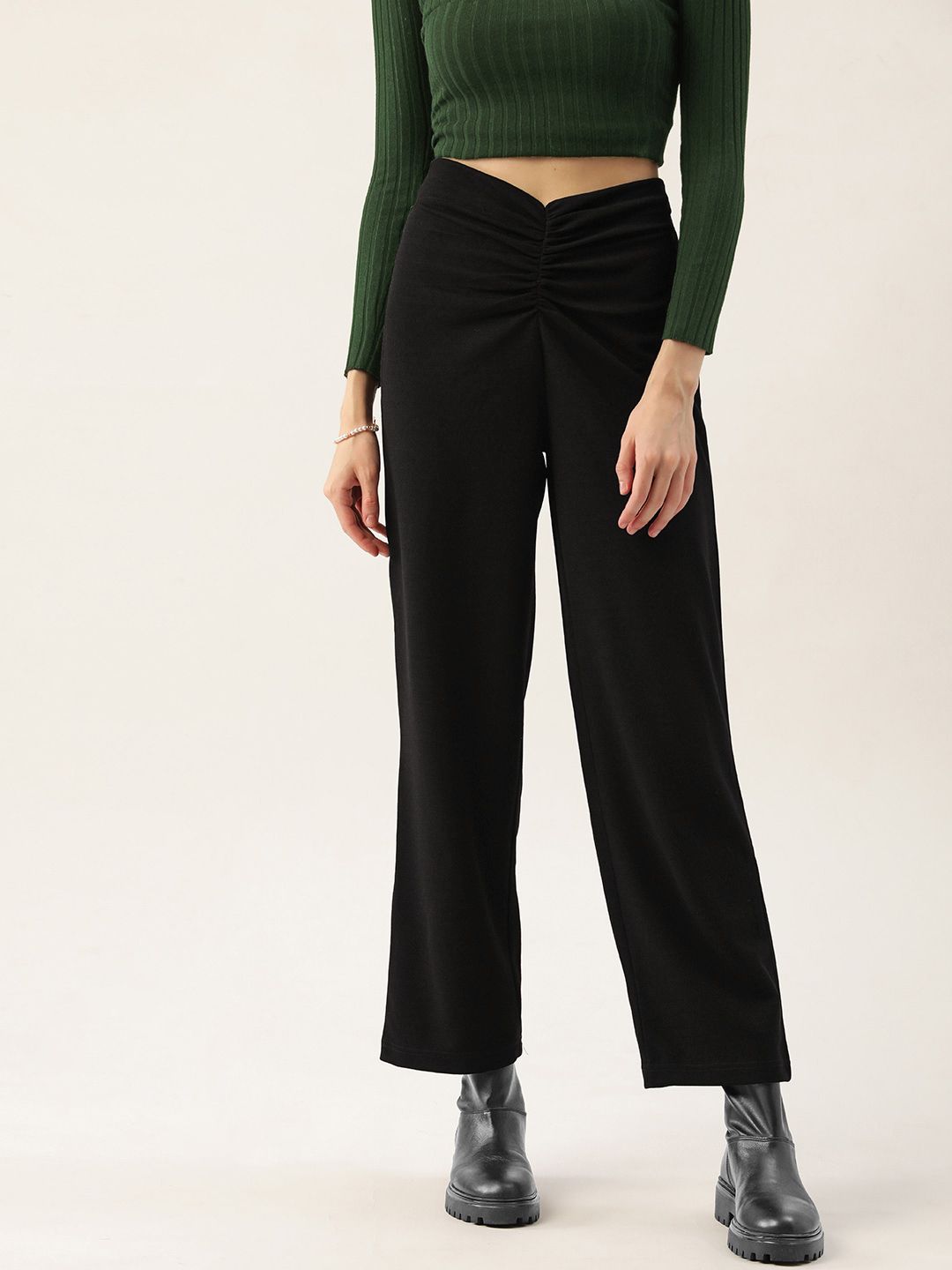 Antheaa Women Black Solid Straight Fit Ruched Trousers