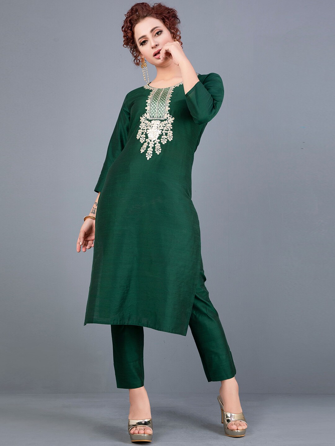 POONAM DESIGNER Women Green Embroidered Kurta with Trousers