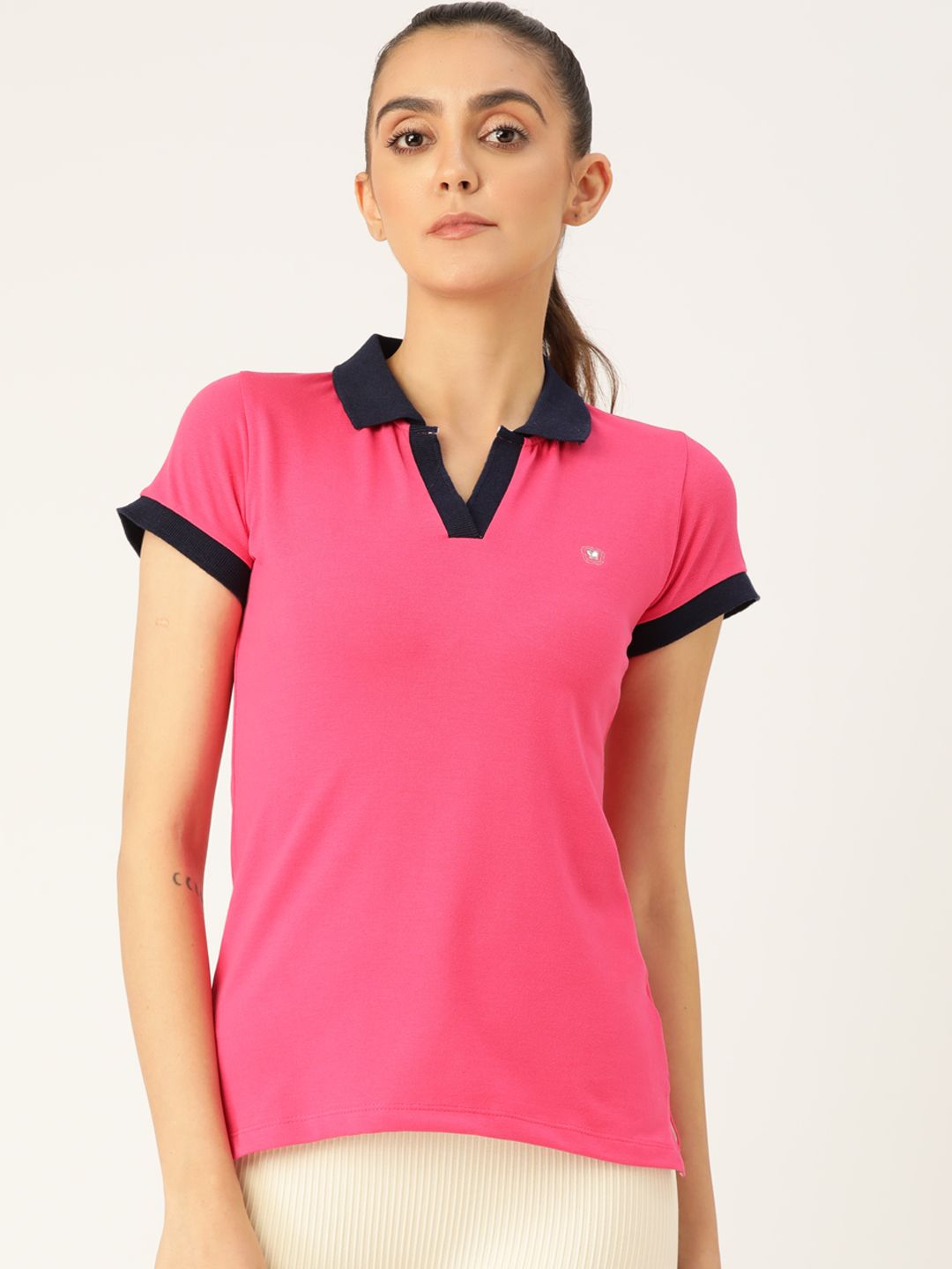 FEMEA Women Pink Solid Polo Collar T-shirt