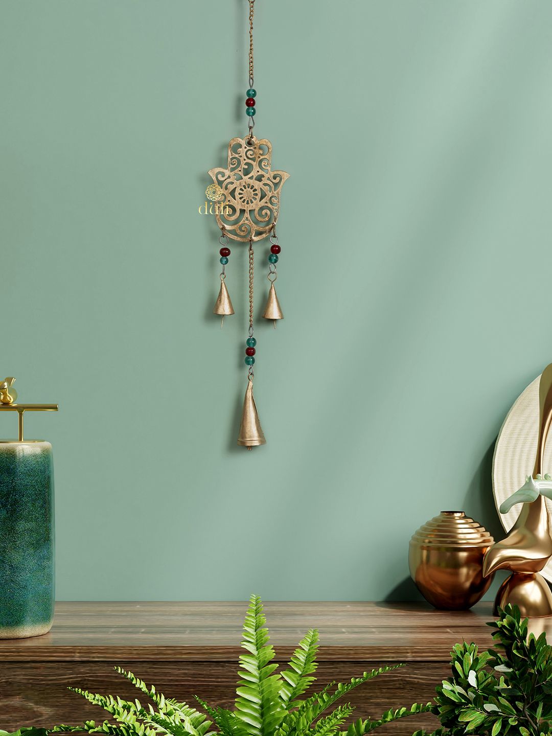 DULI Gold-Toned Hamsa Design Metal Wall Hanging Windchime With Hanging Bells