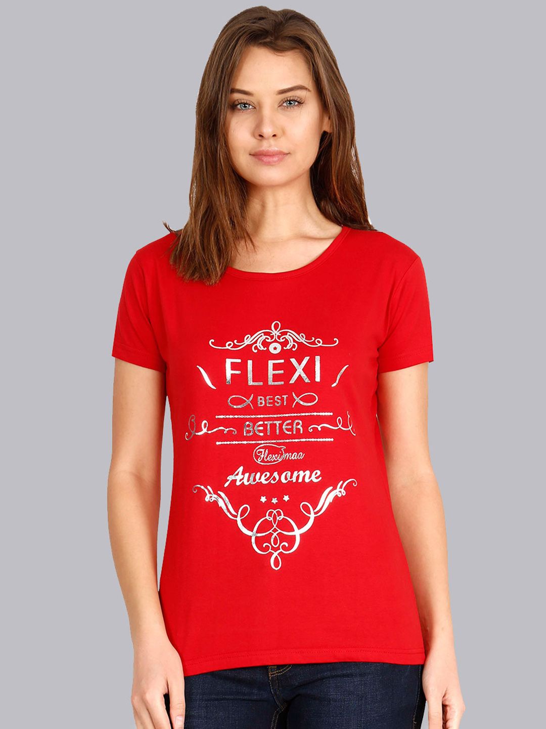 Fleximaa Women Red Printed Cotton T-shirt