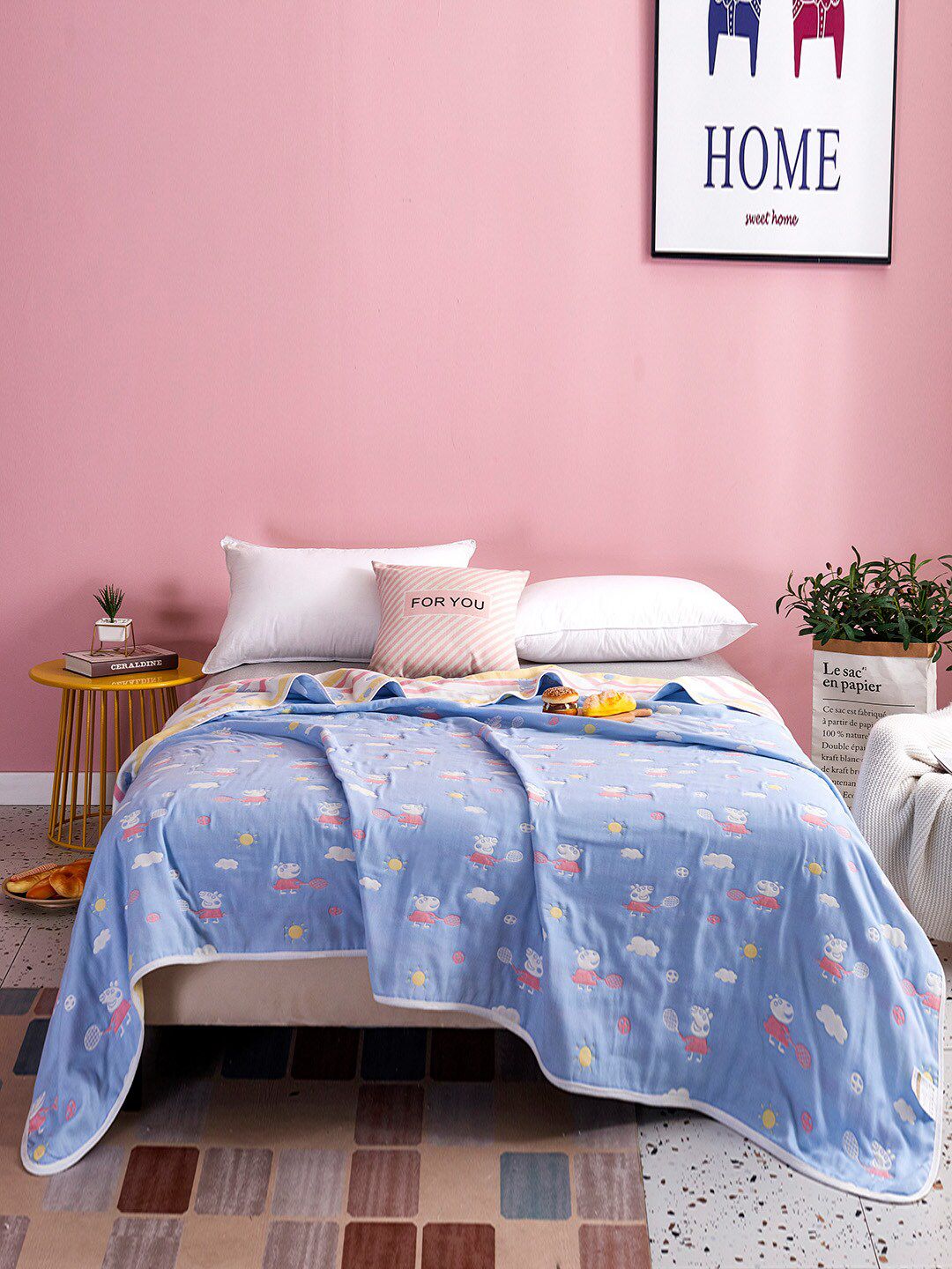 JC HOME Blue & White Cartoon Characters Cotton 350 GSM Single Bed Blanket