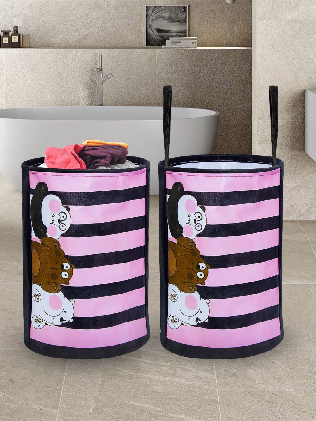 prettykrafts Set of 2 Pink & Black Printed Round Laundry Bags