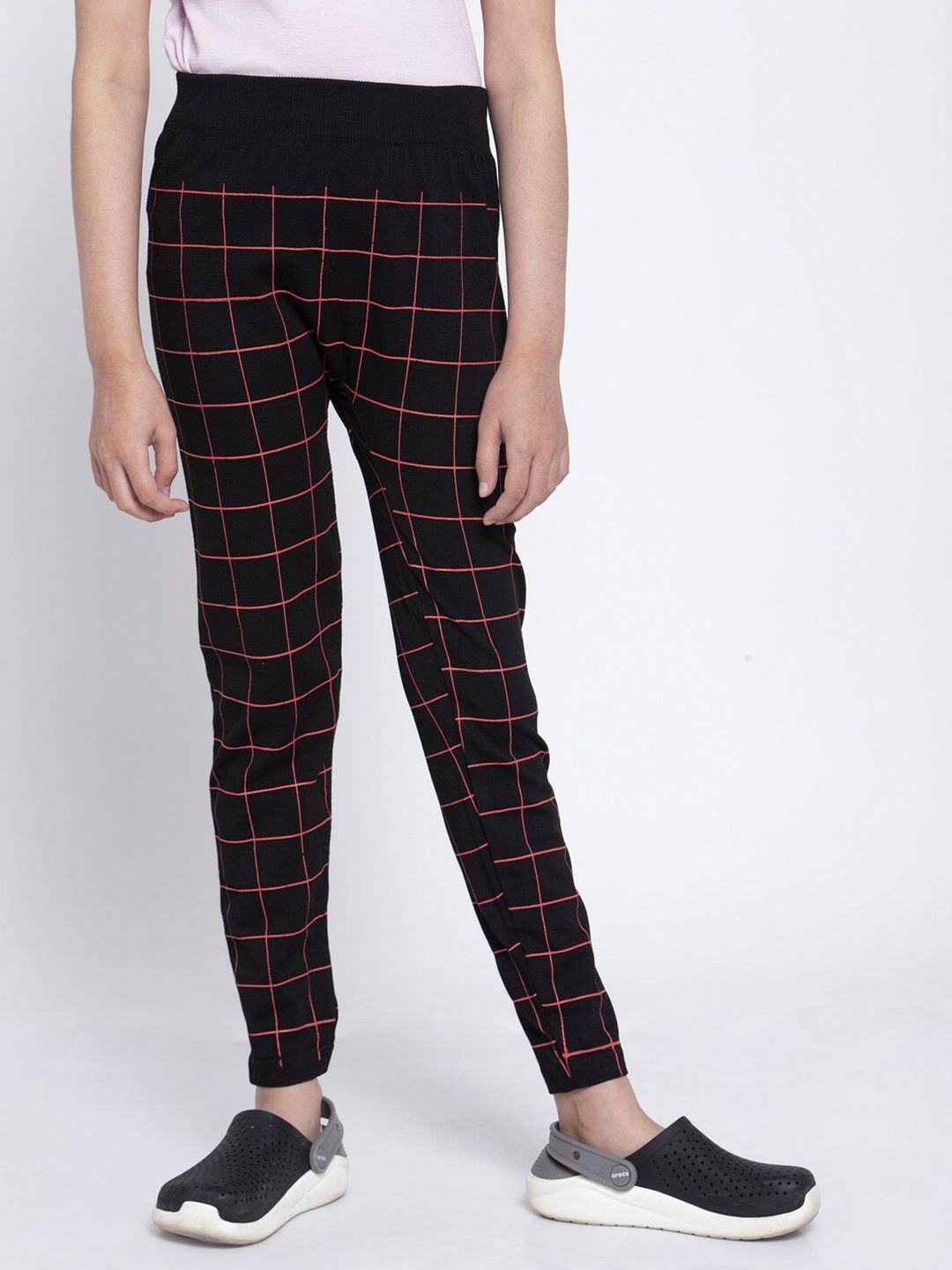 KLOTTHE Girls Black Checked Ankle Length Slim-Fit Jeggings