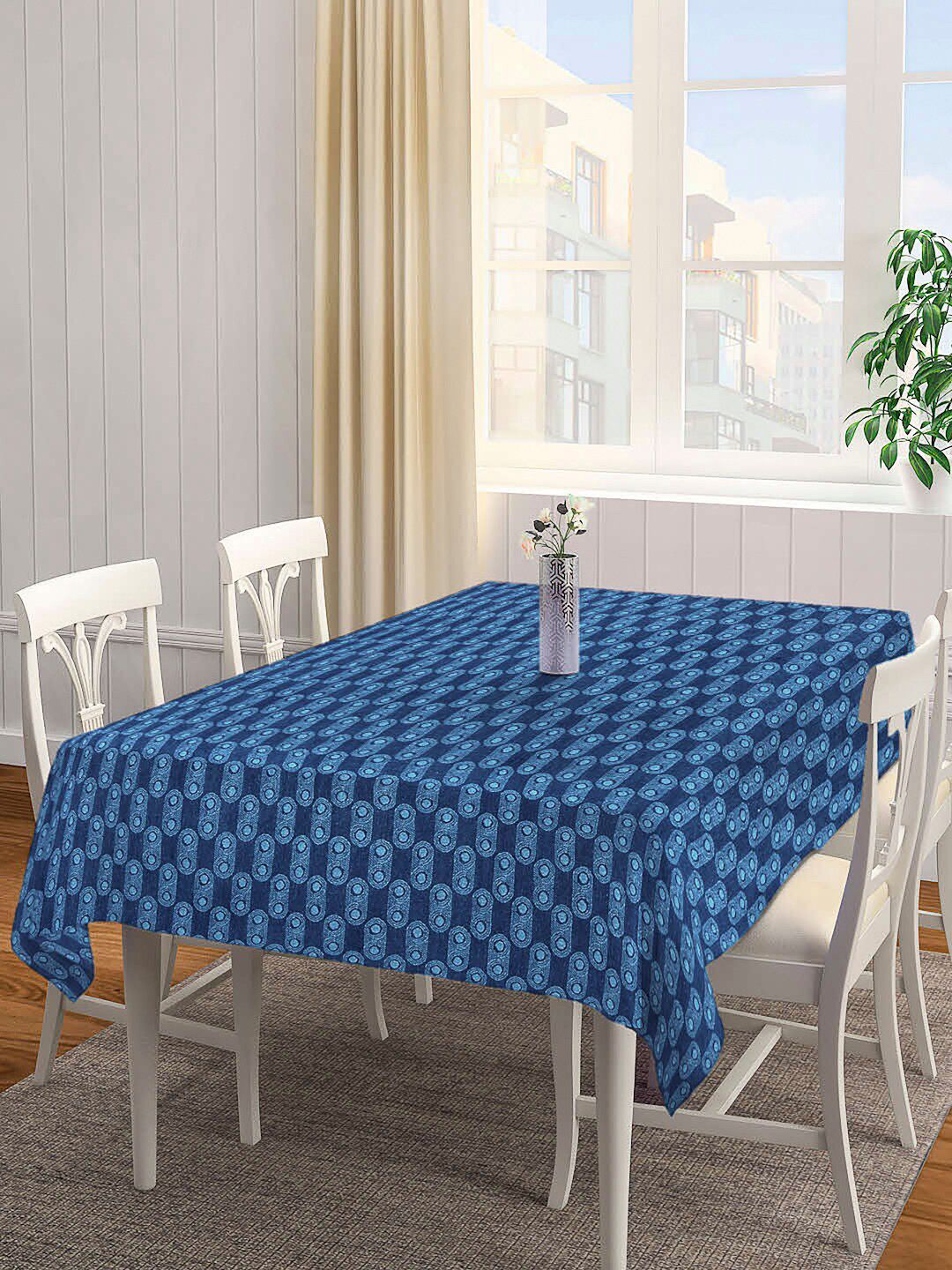 Arrabi Blue Geometric Handwoven Printed 6 Seater Table Cover