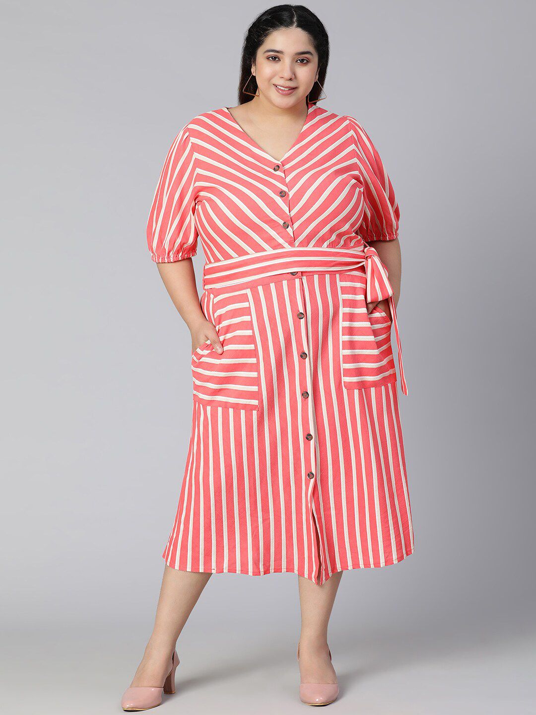 Oxolloxo Women Plus Size Red Striped A-Line Cotton Midi Dress