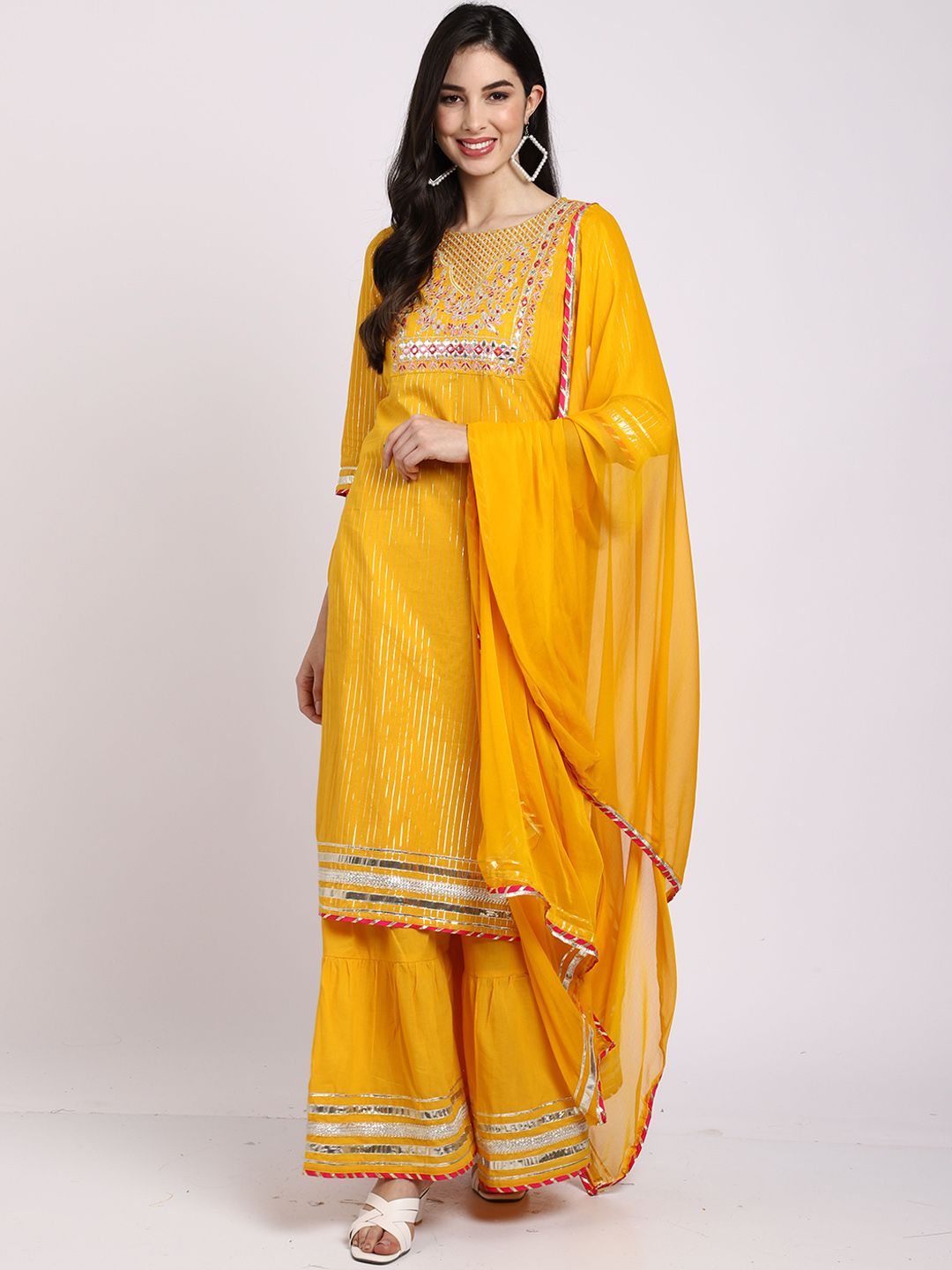 Rajnandini Women Yellow Ethnic Motifs Kurta with Palazzos & With Dupatta