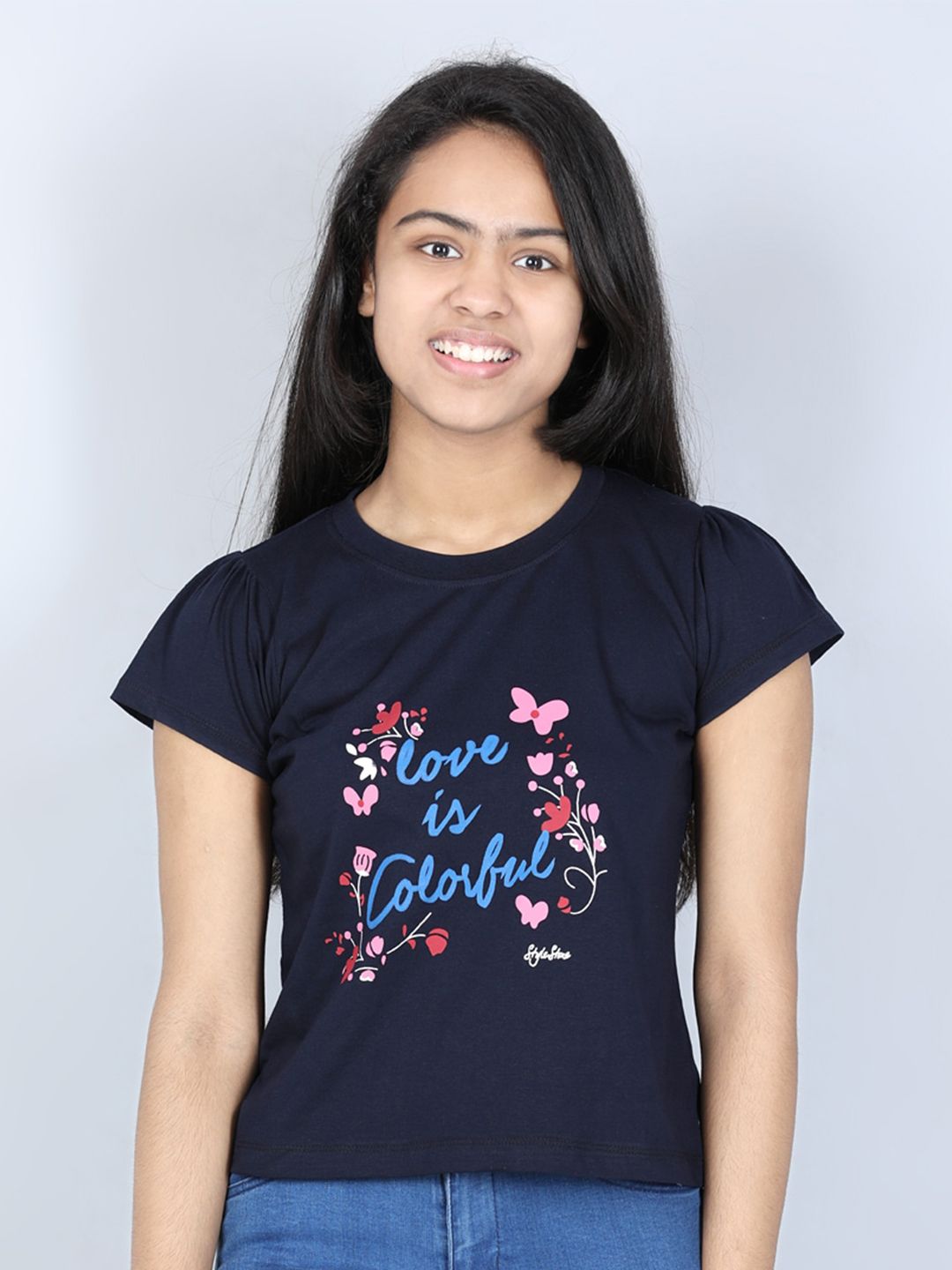 StyleStone Girls Navy Blue Typography Printed T-shirt
