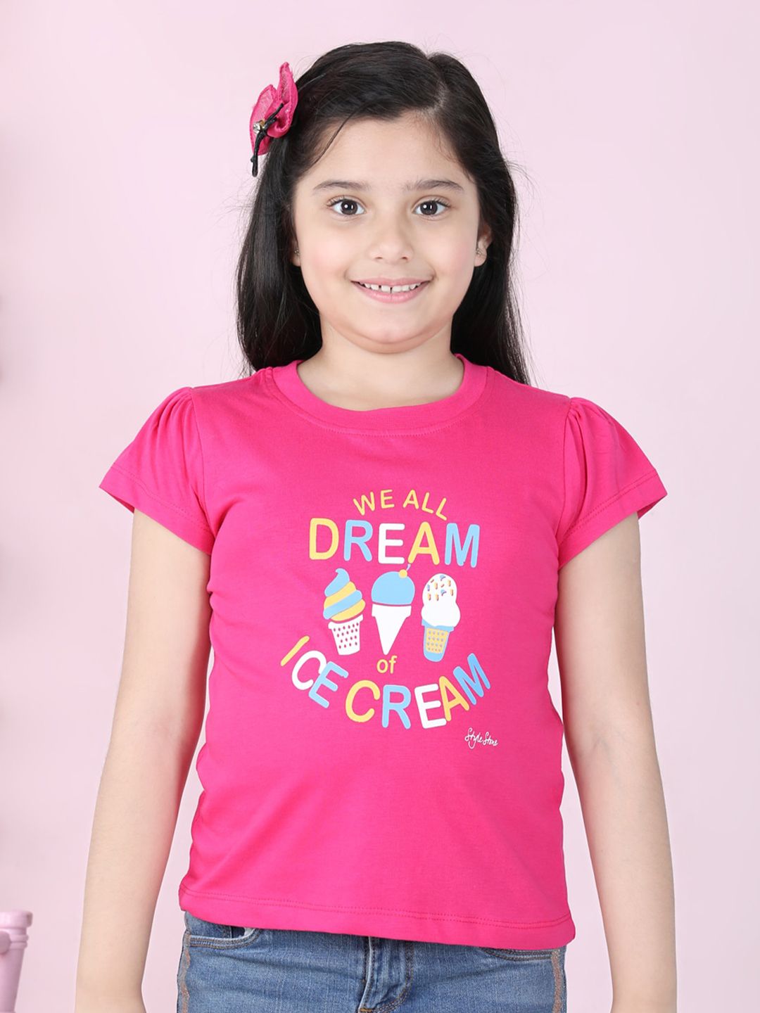 StyleStone Girls Pink Typography Printed T-shirt