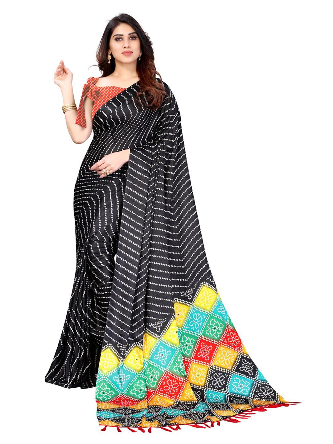 SIRIL Black & Yellow Bandhani Saree