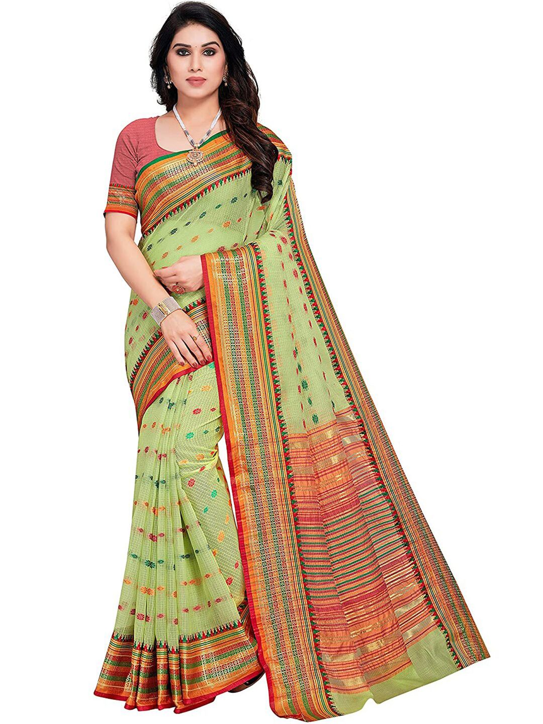 Leeza Store Green & Red Woven Design Zari Kota Saree