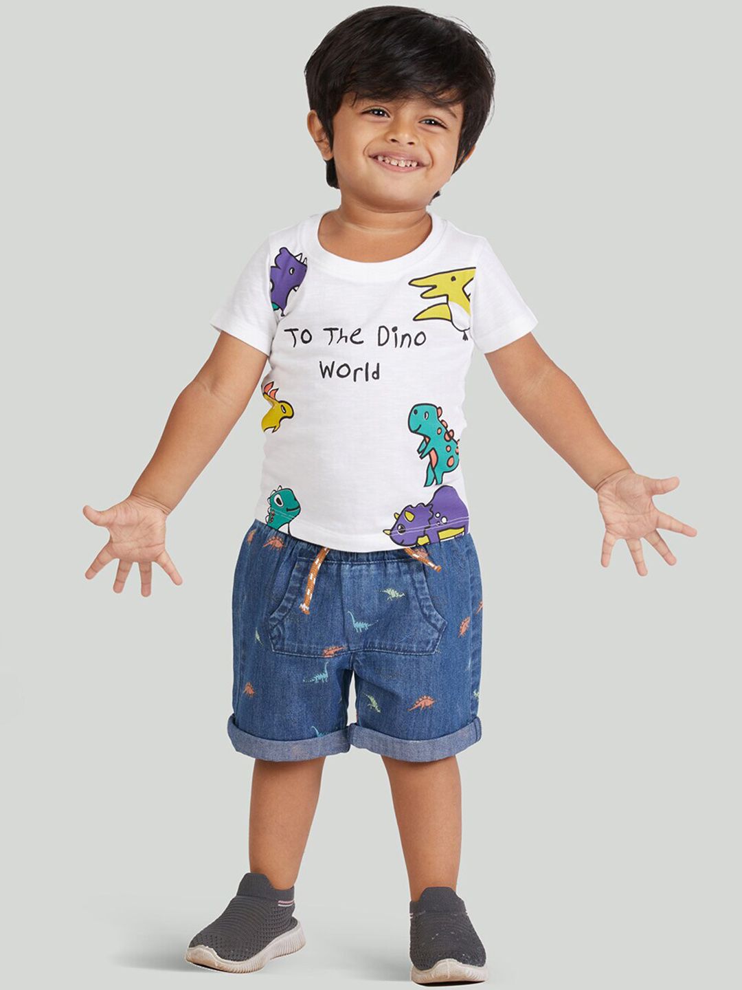 Buy Zalio Boys White & Blue Dinosaur Printed Pure Cotton T Shirt With Shorts -  - Apparel for Boys